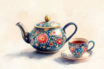 Teapot with matching teacup and saucer, suitable for tea service.