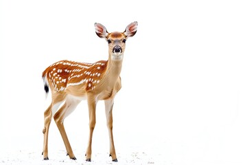 Young deer with spots, standing against a white isolated background.