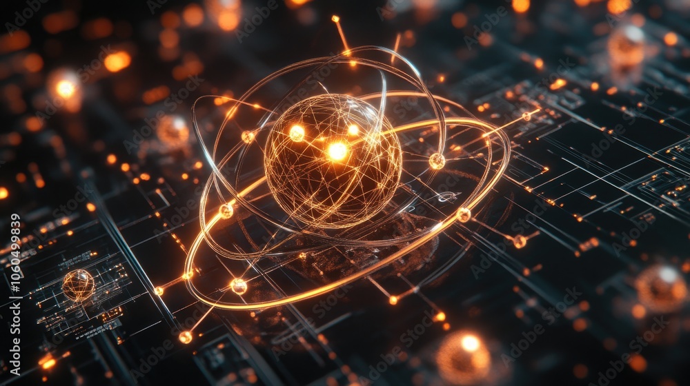 Poster 3d-rendered atomic model with glowing orbits, showcasing the mystery and complexity of atomic scienc