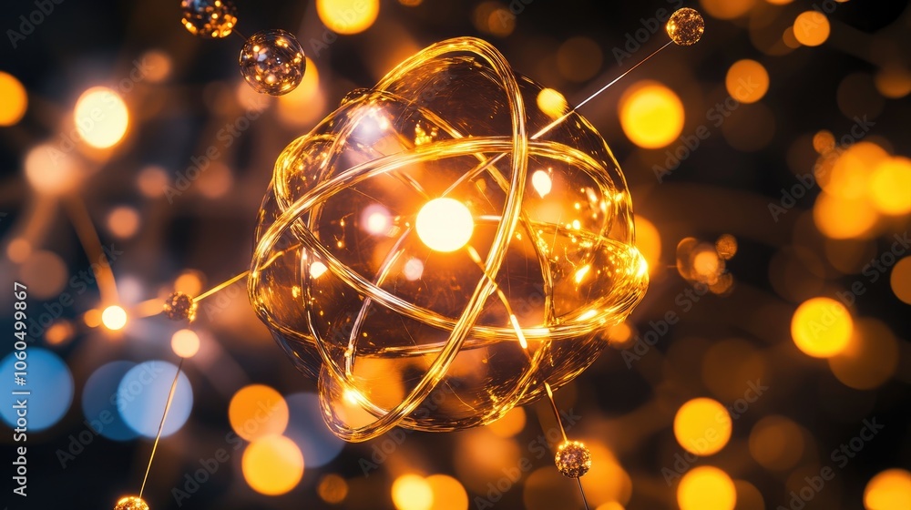 Poster 3d-rendered atomic model with glowing orbits, showcasing the mystery and complexity of atomic scienc