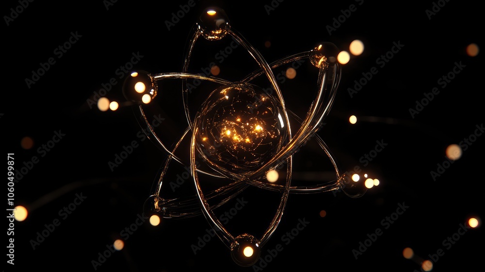 Poster a 3d-rendered atom with glowing particles, symbolizing the complexity and mystery of atomic science