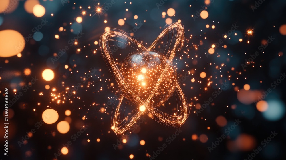 Poster a 3d-rendered atom with glowing particles, symbolizing the complexity and mystery of atomic science
