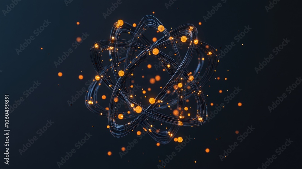Poster a 3d-rendered atom with glowing particles, symbolizing the complexity and mystery of atomic science