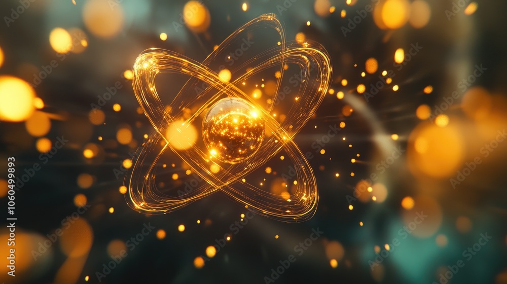 Poster a 3d-rendered atom with glowing particles, symbolizing the complexity and mystery of atomic science