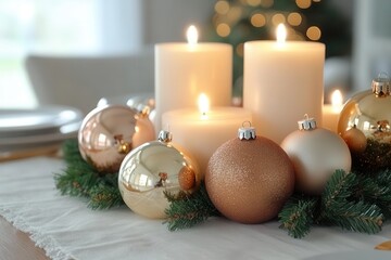 Festive centerpiece with ornaments and candles, soft glow, holiday dining setup