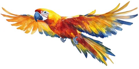 Fototapeta premium A vivid, tropical parrot soaring with outstretched wings, symbolizing freedom and beauty.