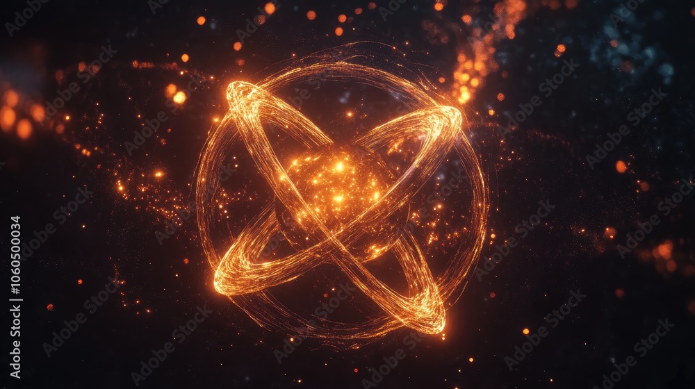 Aufkleber a glowing 3d-rendered atom, showcasing orbiting particles that symbolize the mystery of atomic scien