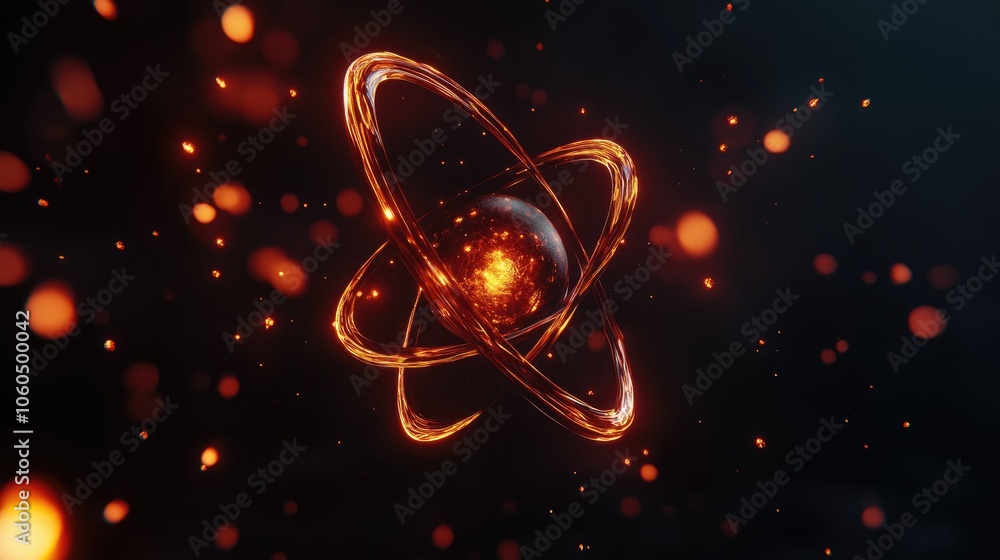Poster a glowing 3d-rendered atom, showcasing orbiting particles that symbolize the mystery of atomic scien