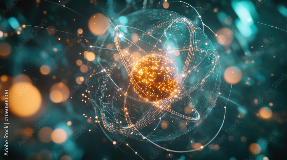 Poster a high-tech 3d atom with glowing particles, representing the advanced studies of atomic science