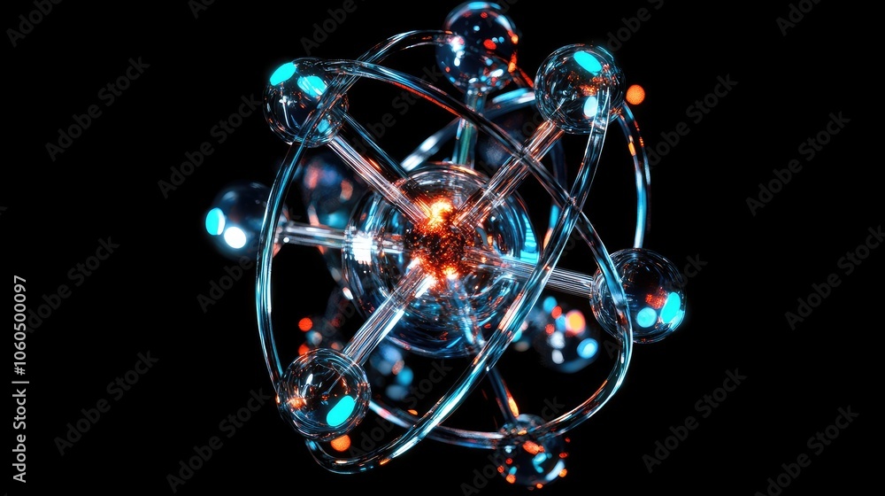 Poster a high-tech 3d atom with glowing particles, representing the advanced studies of atomic science