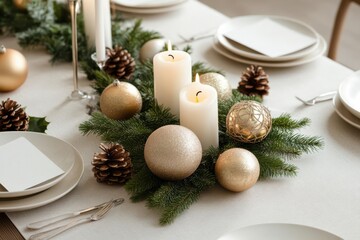 Festive holiday table setup with ornaments, candles, and greenery, elegant style