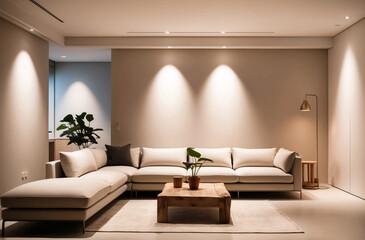 Minimalist, japandi interior design of modern living room with stylish furniture