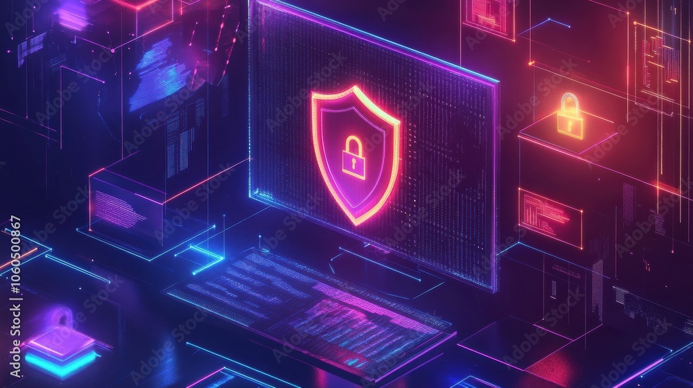 Aufkleber A vibrant computer screen features a shield and lock symbol, visually representing the importance of online safety and data security. Generative AI