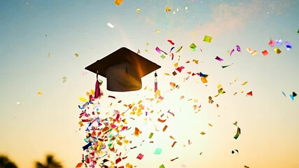 festive celebration flying surrounded confetti educational tassel cap achievement academic adorned concept graduation traditional education blue gold sparkle party success ceremony school college uni