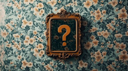 A vintage ornate gold frame on a floral patterned wall with a question mark symbol instead of a picture inside the frame.
