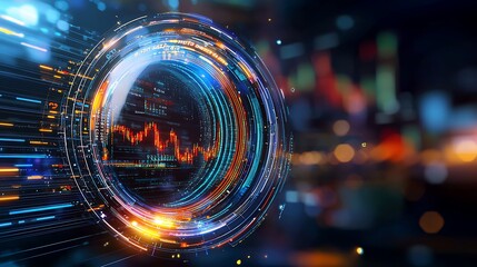 Vibrant and dynamic digital interface showing abstract light patterns and data visualization, perfect for tech and innovation concepts in visuals.