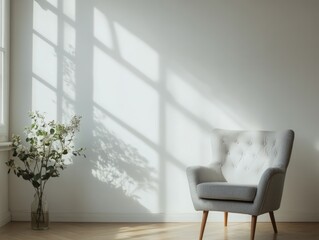 Fototapeta premium Sunlit living room with comfortable chair, minimalistic decor and plants.