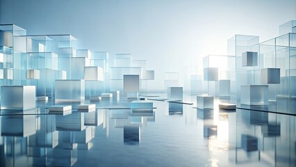 Reflective Clarity A Minimalist Composition of Translucent Cubes and Geometric Forms in a Serene Setting