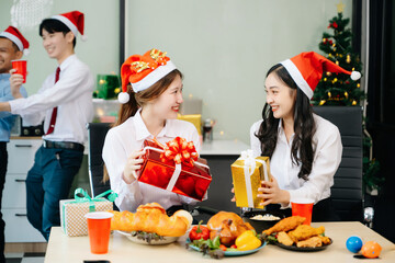 Celebrate Christmas with colleagues in a joyful office party setting, sharing gifts, laughs, and holiday cheer