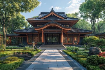 Fototapeta premium 3d rendering of a traditional japanese temple surrounded by lush greenery embodying tranquility and cultural richness with intricate architectural details and a serene atmosphere