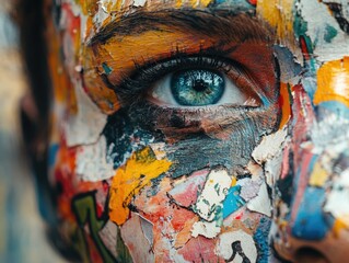 Fototapeta premium Vivid and bold artistic expression on human skin, unique face painting design with multicolored splashes and patterns.
