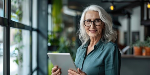 Fototapeta premium Woman working on tablet with focus, in modern office setting.