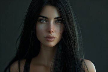 Fototapeta premium Beautiful young woman with long black hair posing on dark background. Neural network ai generated art