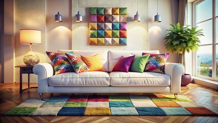 Contemporary living room showcasing a sleek white leather sofa adorned with vibrant patchwork cushions, all set on a stylish rug for a cozy atmosphere.
