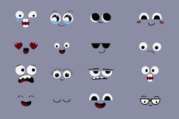Face emotions, comic expressions, cute crazy eyes collection isolated. Doodle smiley mood comic design elements. Emotional comic face with eyes, mouths, tongue and teeth.