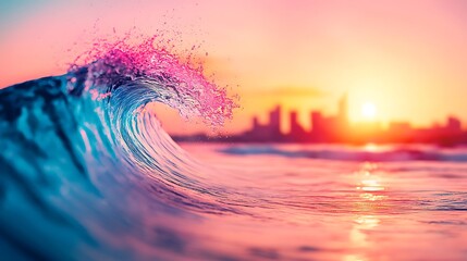 A stunning ocean wave splashes in vibrant colors at sunset, with a city skyline in the background. The scene captures tranquility and beauty in nature.