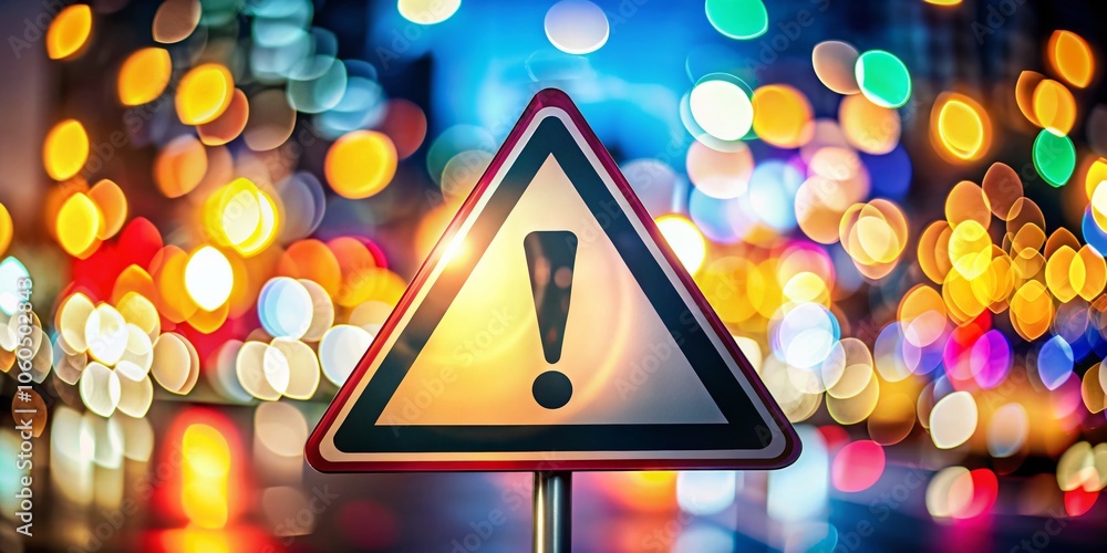 Poster continuous line drawing of a dangerous sign with bokeh effect - exclamation mark in triangle icon fo