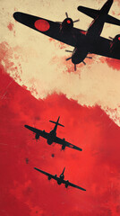 Graphic abstract background. WW2 airplanes dropping bombs, visual style from the WW2 propaganda.