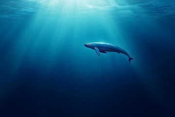 Fototapeta premium Blue whale swimming majestically in deep ocean waters with copyspace. Soft light from the surface. Underwater background. 