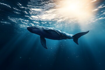 Fototapeta premium Blue whale swimming majestically in deep ocean waters with copyspace. Soft light from the surface. Underwater background. 