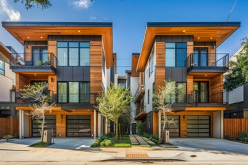 Obraz premium The row of just finished new townhouses, the Concept of buying a house vs renting an apartment. Neural network ai generated art