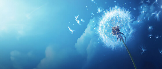 Fototapeta premium Dandelion Seeds Floating in Blue Sky with Clouds