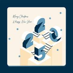 Postcard for the new year 2025 in isometric style. Figures in isometrics. Greeting. Holiday. Christmas. Year of the snake. Pedestal with figures.