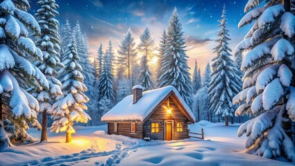 A snow-covered cabin nestled in a snowy forest, illuminated by warm light from within, as twilight descends and stars appear in the sky.