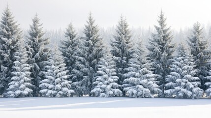 Fototapeta premium A forest of evergreen trees covered in snow, standing tall in a winter landscape