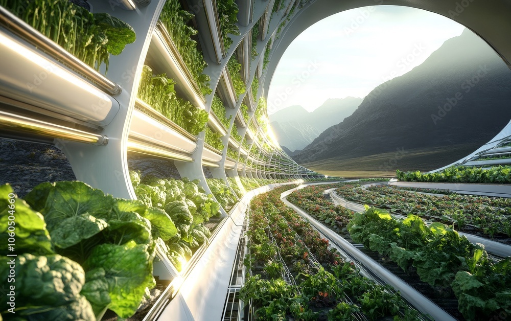 Poster a futuristic microclimate farming system with rows of vegetables thriving under precise conditions