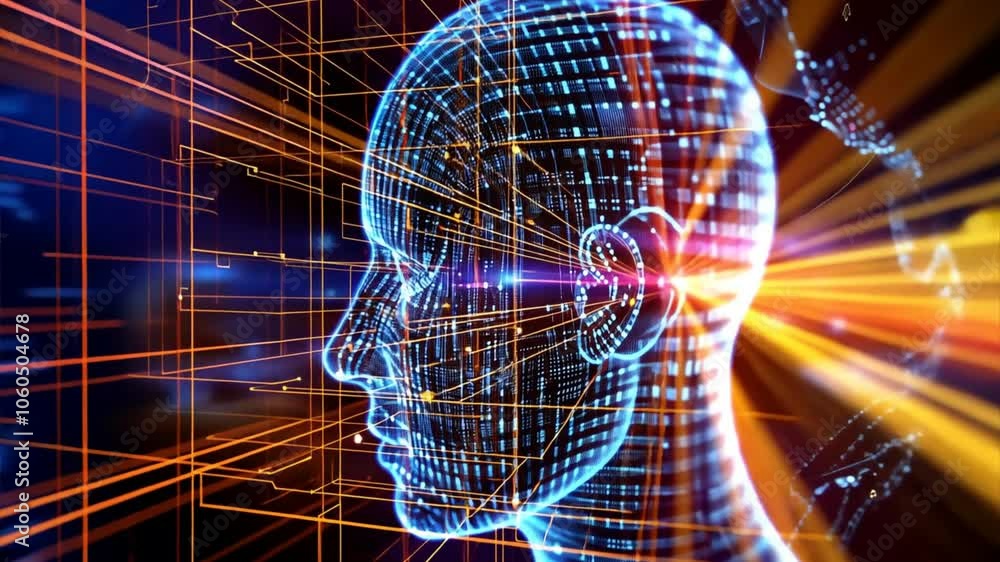Poster digital human head silhouette with glowing lines and circuits, showcasing technology and artificial 