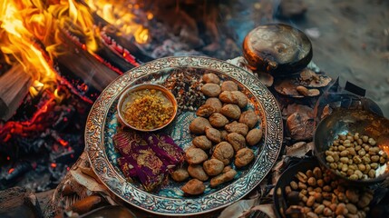 A colorful spread of Lohri sweets like til laddoos and roasted peanuts arranged on a decorative thali near a roaring bonfire capturing the festive richness of Punjabi culture
