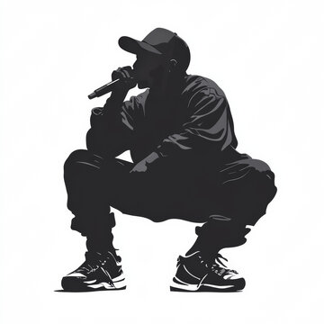 A vector drawing as a plain black silhouette of a rapper while rapping into a microphone on a plain white background 