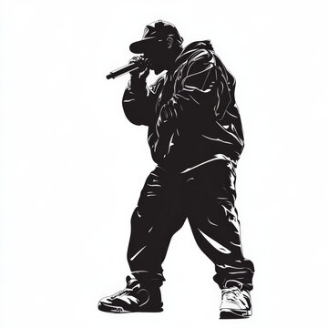 A vector drawing as a plain black silhouette of a rapper while rapping into a microphone on a plain white background 