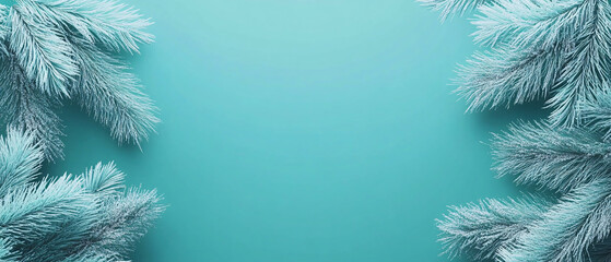 Obraz premium Frosted Pine Branches on a Turquoise Background Winter Holiday Minimalist Design, Frosted Pine Branches on a Turquoise Background Winter Holiday