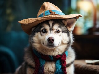 Adorable husky dog wearing cowboy hat and colorful scarf indoors