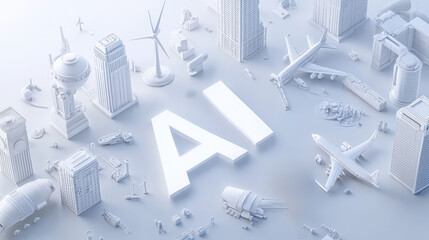 3D illustration of the word "AI" in white with an arrow pointing to various industrial and energy icons such as wind turbines, oil derricks, skyscrapers, aircraft, and ships. 