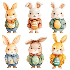 Fototapeta premium Adorable Watercolor Easter Bunnies Holding Eggs.
