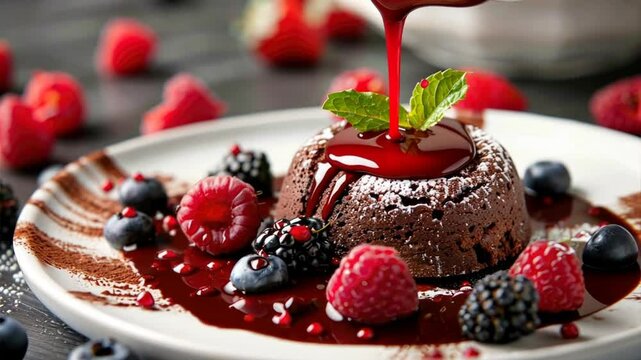 Indulgent chocolate dessert with rich sauce and fresh berries, featuring gourmet raspberry and blackberry for sweet treat on your plate.