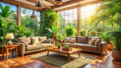 Fototapeta premium Cozy Living Room with Natural Light, Comfortable Sofa, Wooden Furniture, and Lush Green Plants for Relaxation and Tranquility